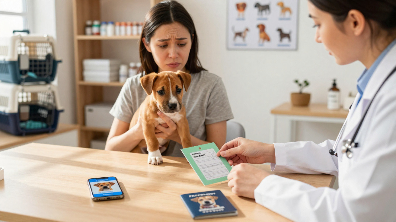Mulher com expressão preocupada segura cachorro no veterinário enquanto profissional mostra documento.