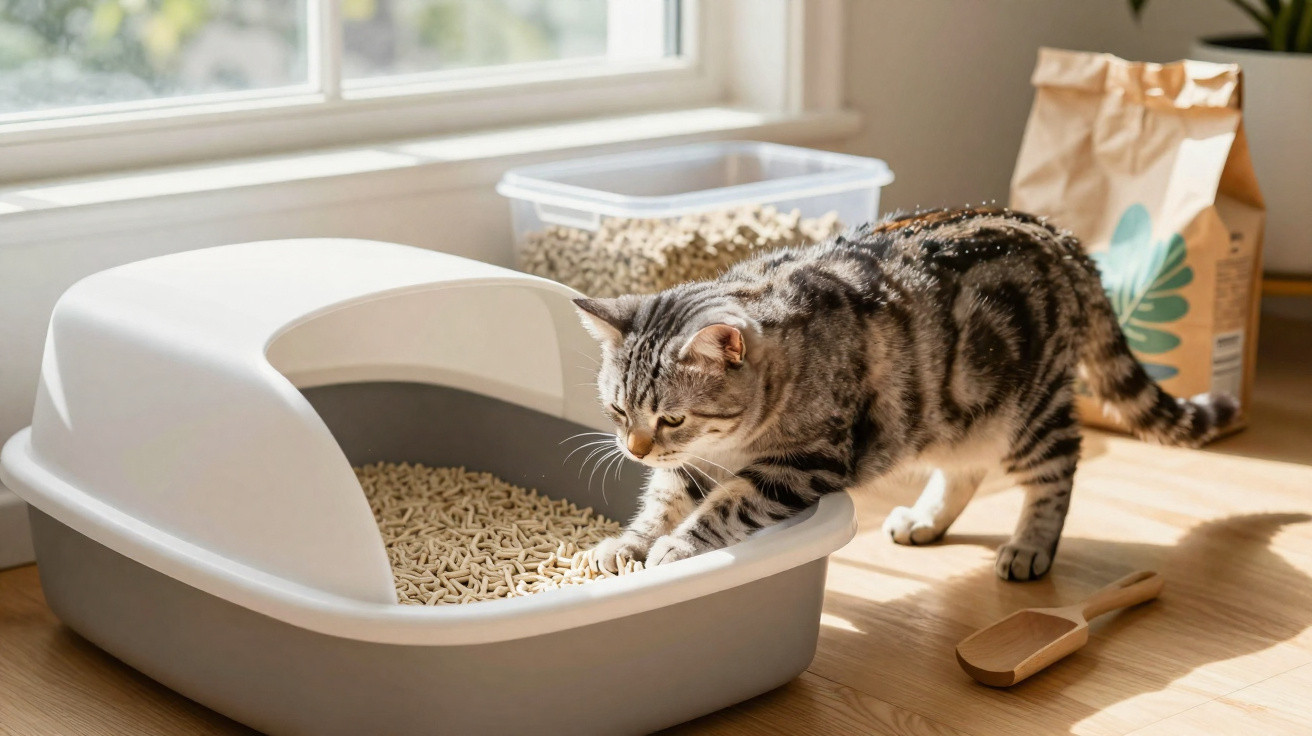Gato tigrado ao lado de caixa de areia com pellets espalhados no chão em ambiente iluminado.