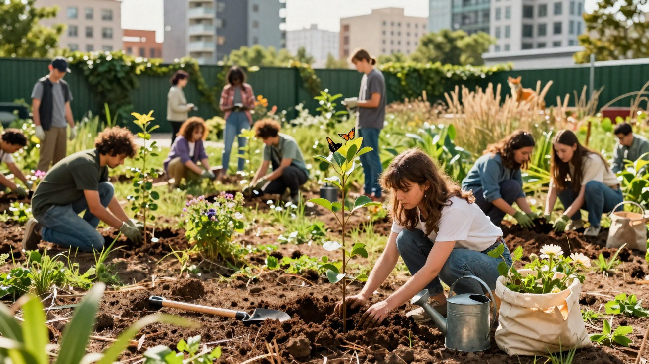 Jovens plantando mudas em horta comunitária urbana em dia ensolarado com prédios ao fundo.