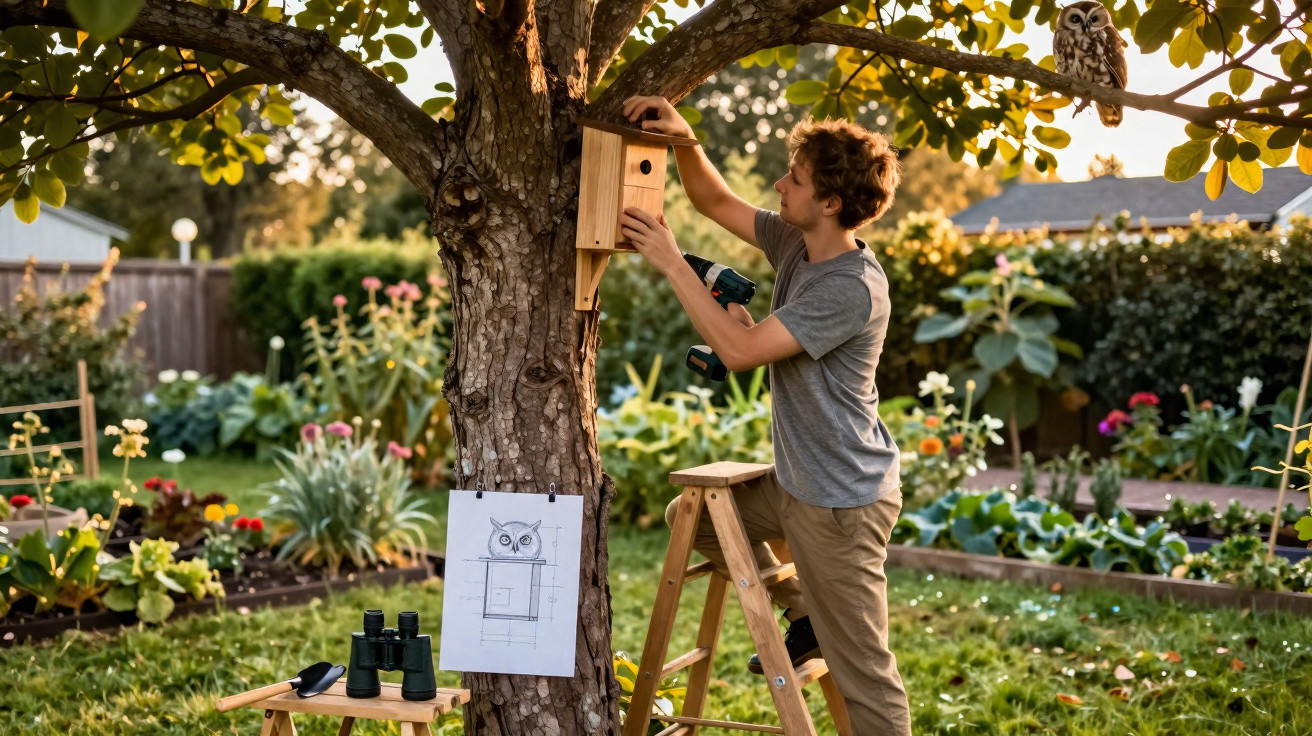 Jovem instala casa de passarinho em árvore no jardim, com ferramentas e plantações ao redor ao entardecer.