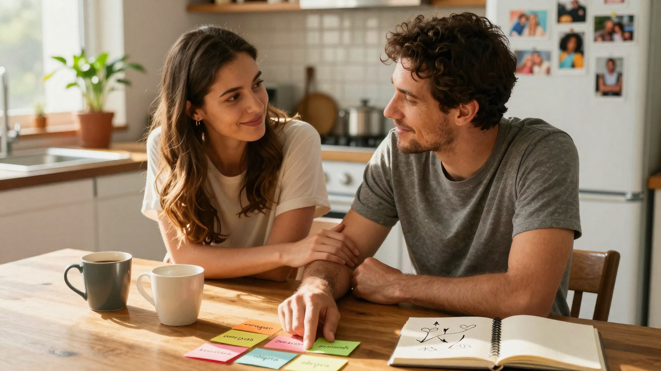 Casal sentado à mesa, organizando notas coloridas e com caderno aberto em cozinha iluminada.