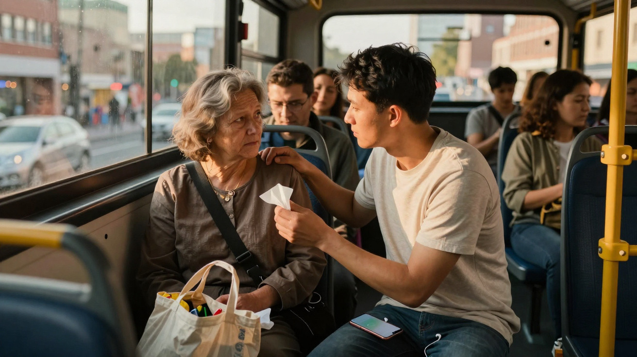 Jovem confortando senhora idosa com lenço no ônibus enquanto outros passageiros viajam ao fundo.