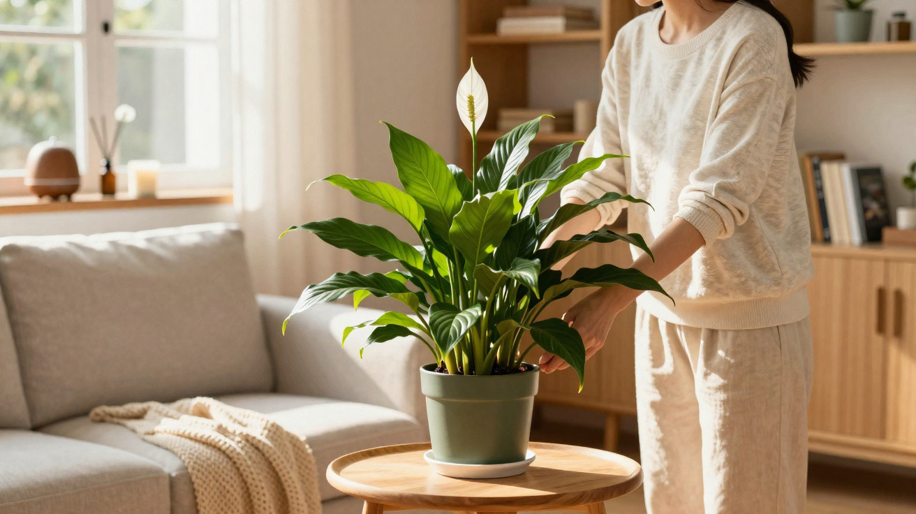 Pessoa posicionando planta Spathiphyllum em vaso sobre mesa de madeira em sala iluminada e aconchegante.