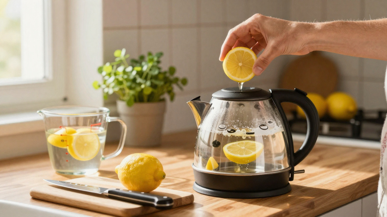 Mãos espremendo limão sobre chaleira com água e fatias de limão em cozinha iluminada.