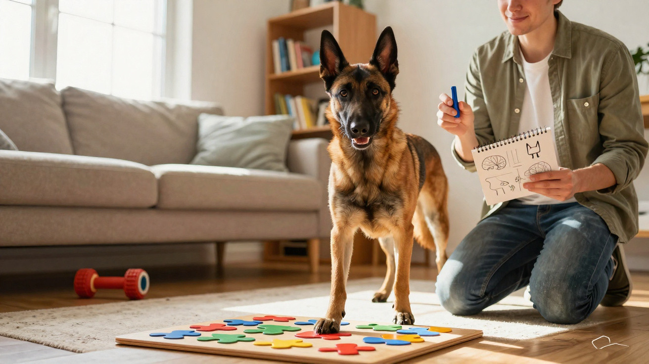 Homem treinando cachorro com jogos educativos em sala de estar iluminada e brinquedos no chão.