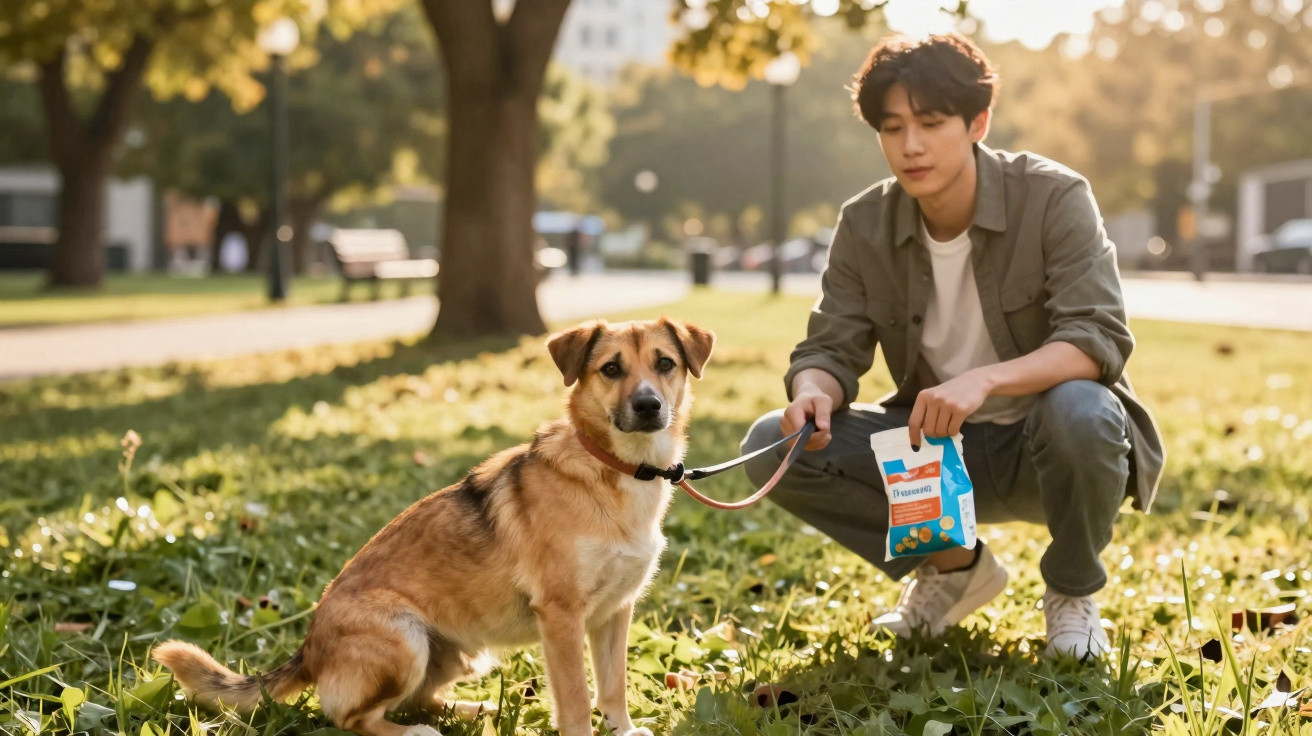 Jovem atento comendo petisco para cachorro em parque ensolarado com árvores ao fundo.
