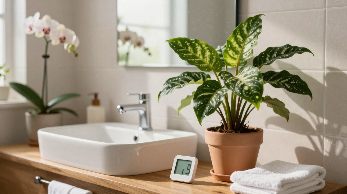 Banheiro com pia branca, vaso de planta, orquídea, toalha branca e termômetro digital na bancada de madeira.