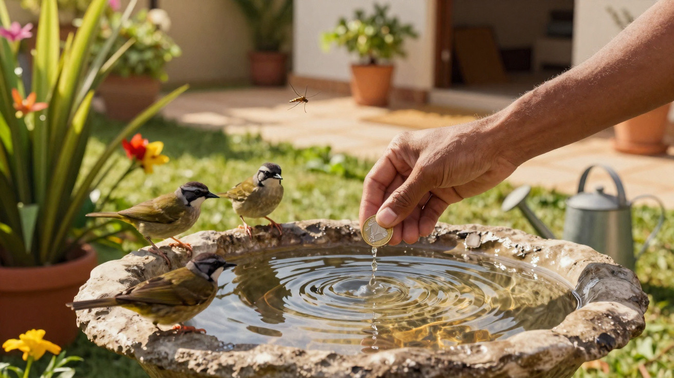 Mão colocando moeda em pedra com água enquanto dois pássaros pequenos observam em jardim ensolarado.
