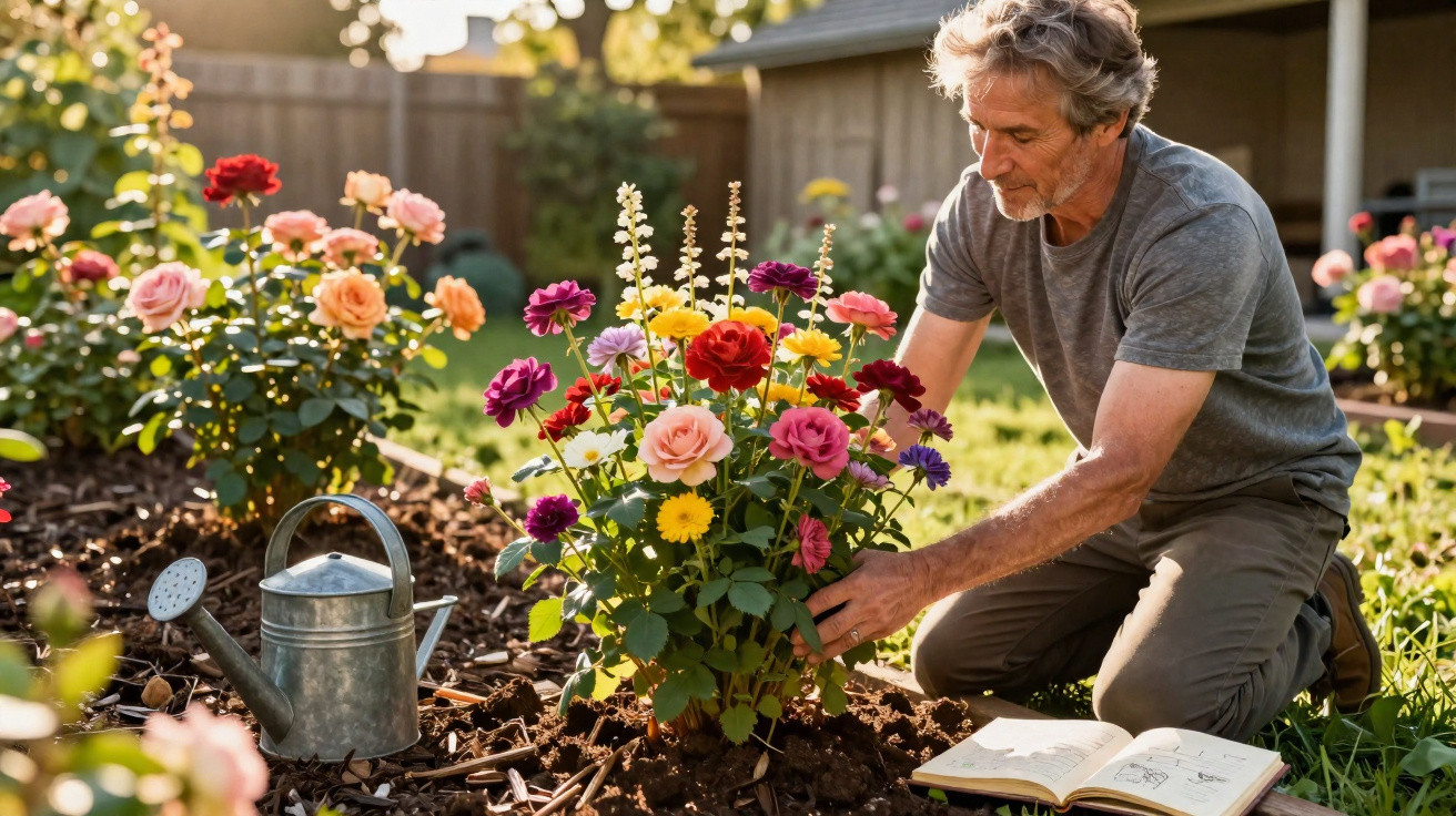 Homem cuidando de flores coloridas em jardim com regador e caderno aberto ao lado.
