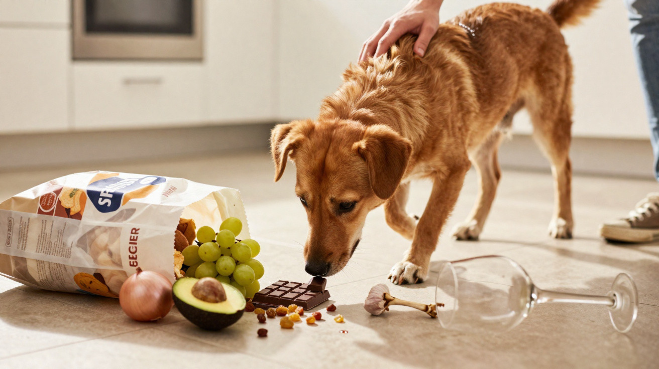 Cachorro cheirando alimentos perigosos no chão de cozinha, como uvas, abacate e alho.