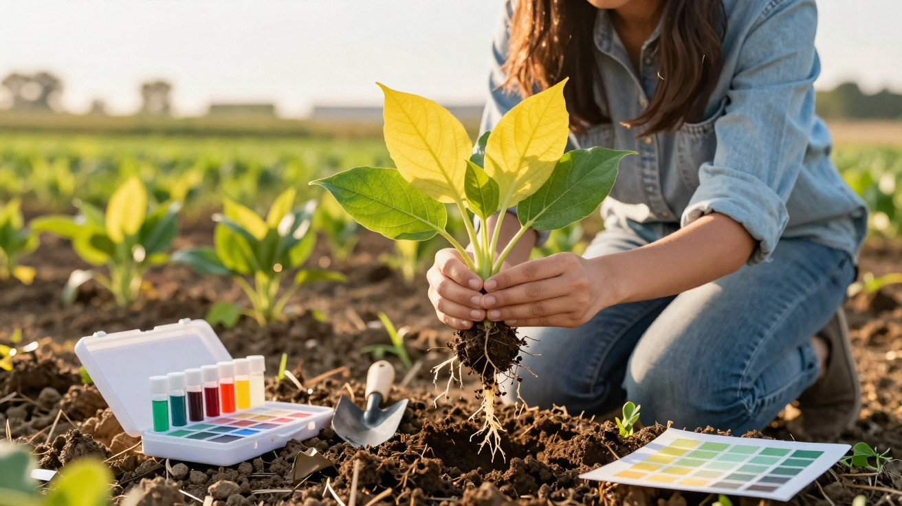 Pessoa plantando muda em campo, com kit de testes de solo, pá e amostras de cores ao lado.