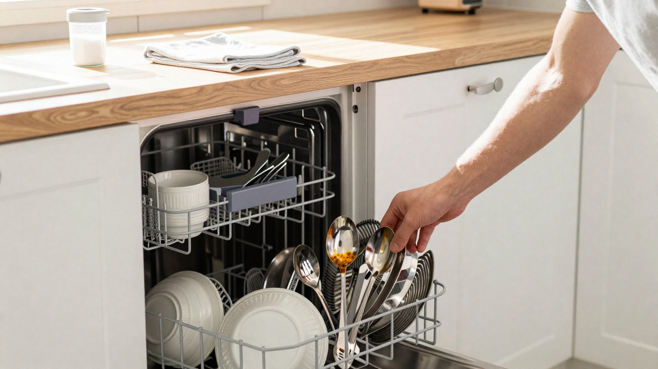 Pessoa retirando talheres limpos da máquina de lavar louça em cozinha clara e organizada.