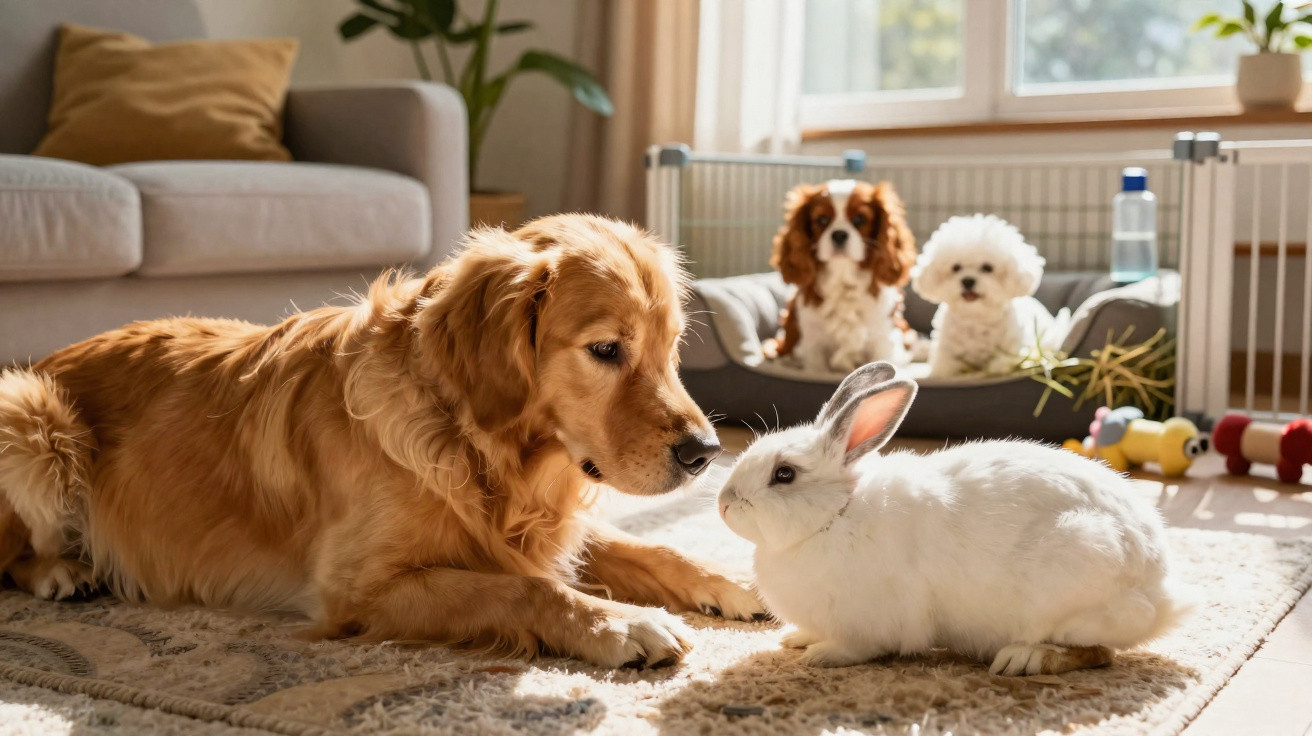 Cachorro dourado deitado encarando coelho branco em sala, com dois cães ao fundo.