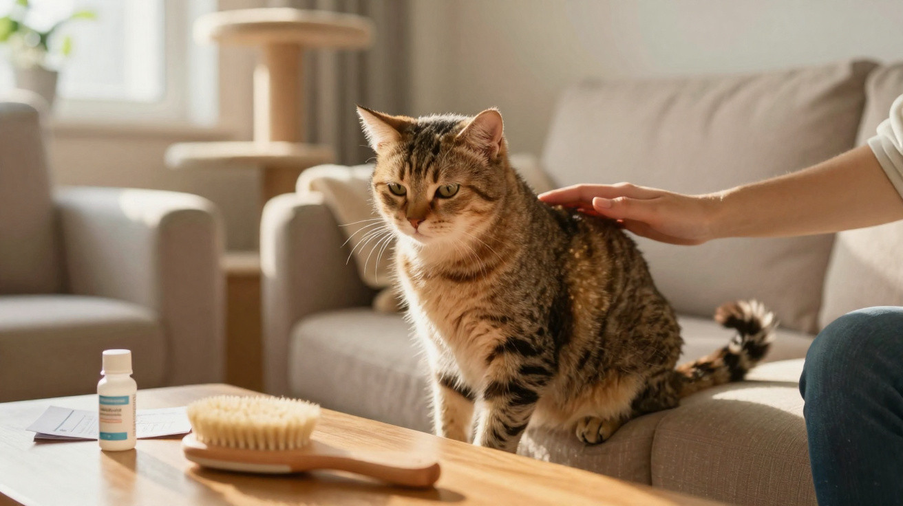 Gato rajado sentado sobre mesa de madeira com escova, medicamento e mão acariciando seu dorso.