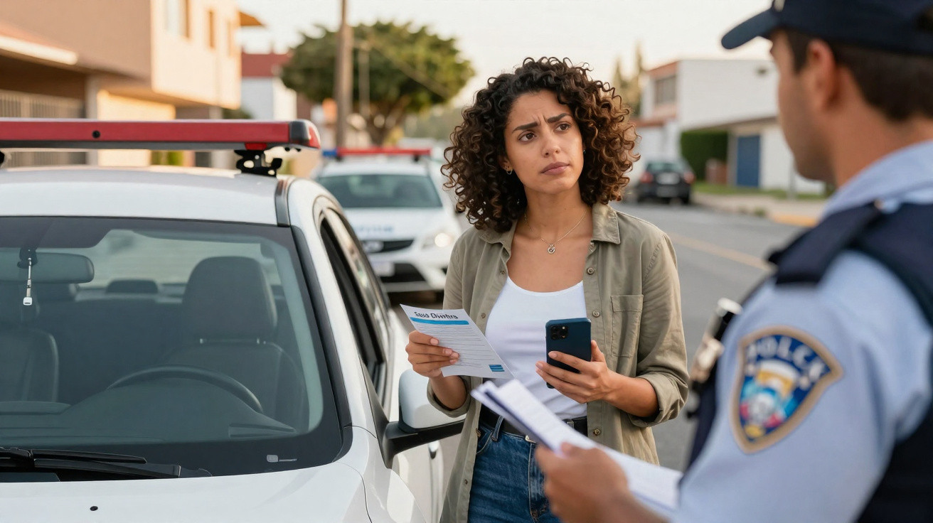 Mulher conversa com policial em rua, segurando documentos, ao lado de carro branco com notificação no para-brisa.