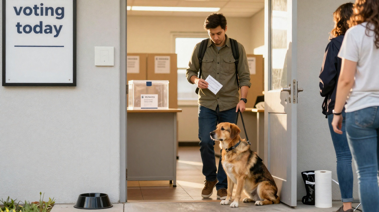 Pessoa segurando guia de cachorro na entrada de local de votação com outras pessoas ao redor.