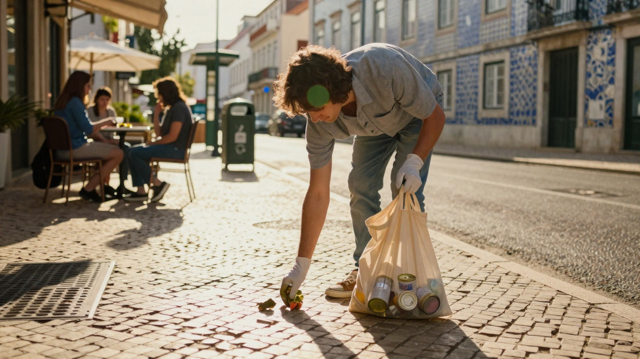 Homem usando luvas recolhendo lixo de latas em rua de paralelepípedos com pessoas ao fundo.