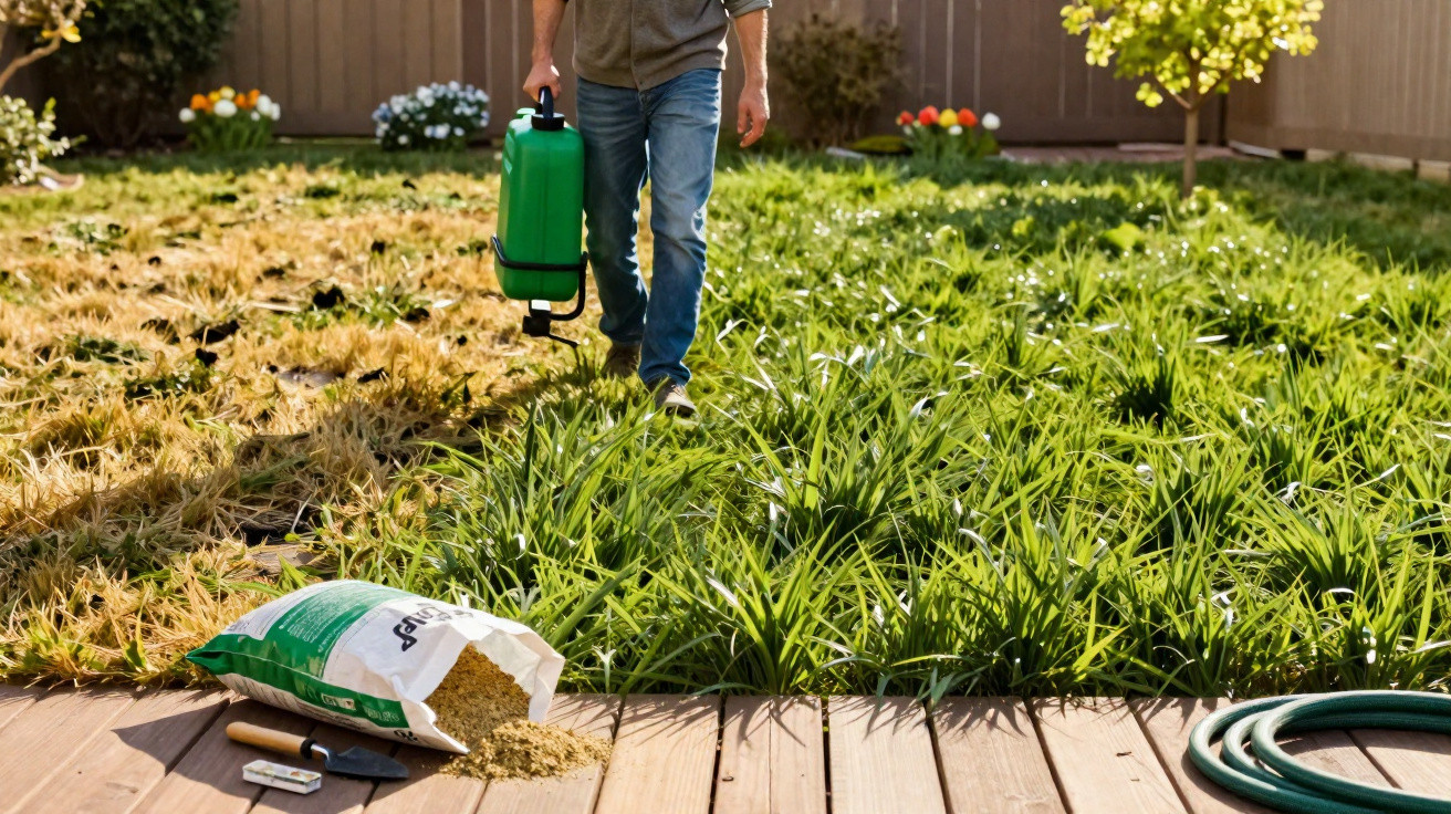 Pessoa aplicando fertilizante líquido em plantas verdes no jardim, com saco de fertilizante ao lado.