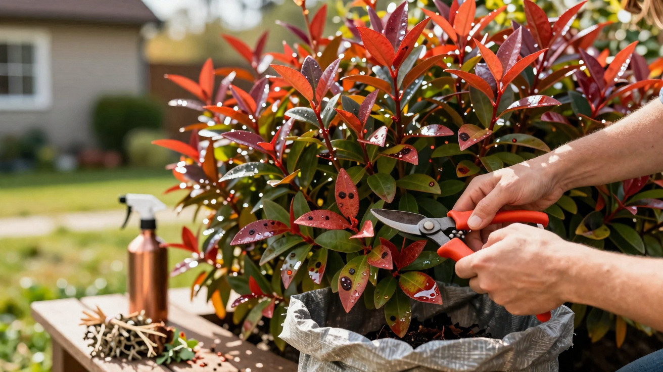 Pessoa podando folhas vermelhas de arbusto com tesoura de jardinagem em jardim ensolarado.