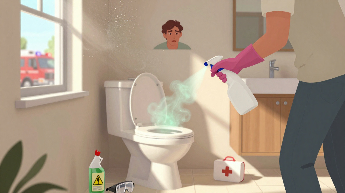 Pessoa com luvas laranja borrifando produto de limpeza em vaso sanitário fumegante em banheiro claro.