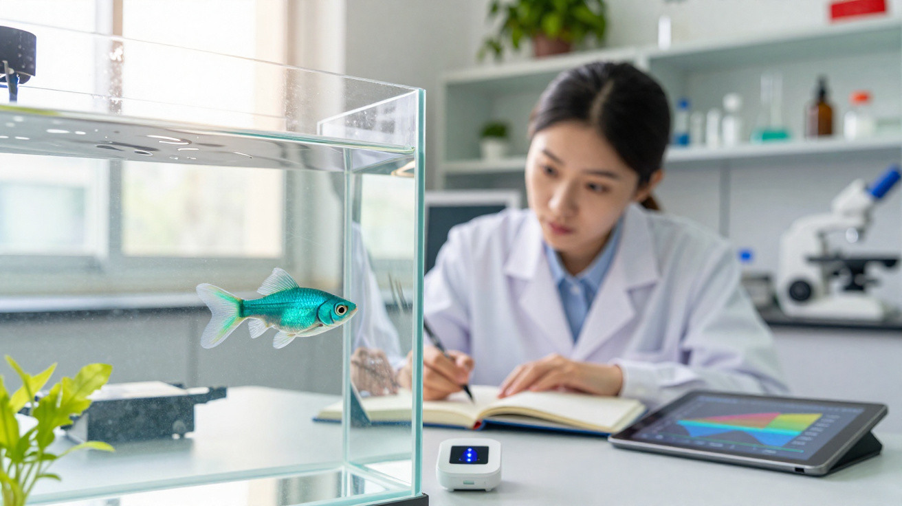 Peixe em aquário com cientista em jaleco anotando dados e tablet com gráfico crescente ao fundo.