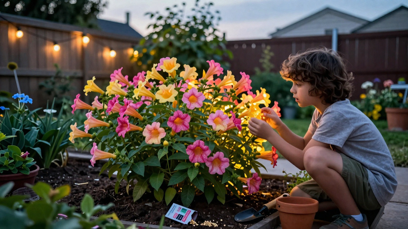 Menino cuidando de flores rosas e amarelas em jardim durante o pôr do sol.