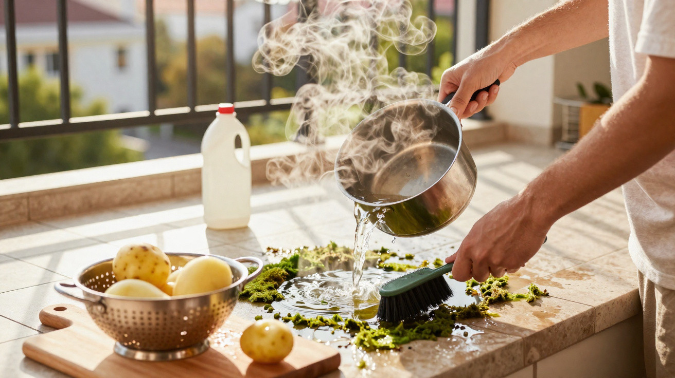 Pessoa despejando água quente de panela sobre legumes para limpá-los em cozinha com pia e frutas.