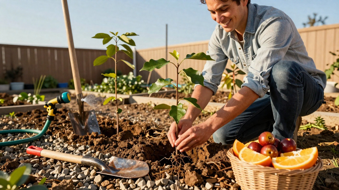 Jovem plantando muda em jardim, com cesta de frutas ao lado e ferramentas no chão.