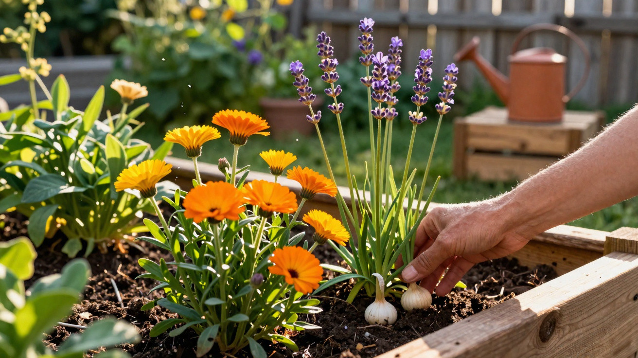 Mãos cuidando de flores laranja e amarelas em um jardim com plantas de lavanda e regador ao fundo.