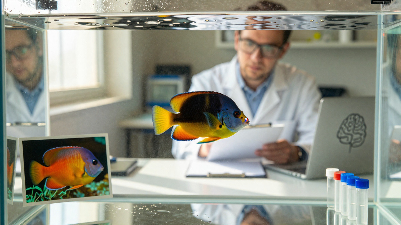 Peixe colorido em aquário com pesquisador e equipamentos de laboratório ao fundo.