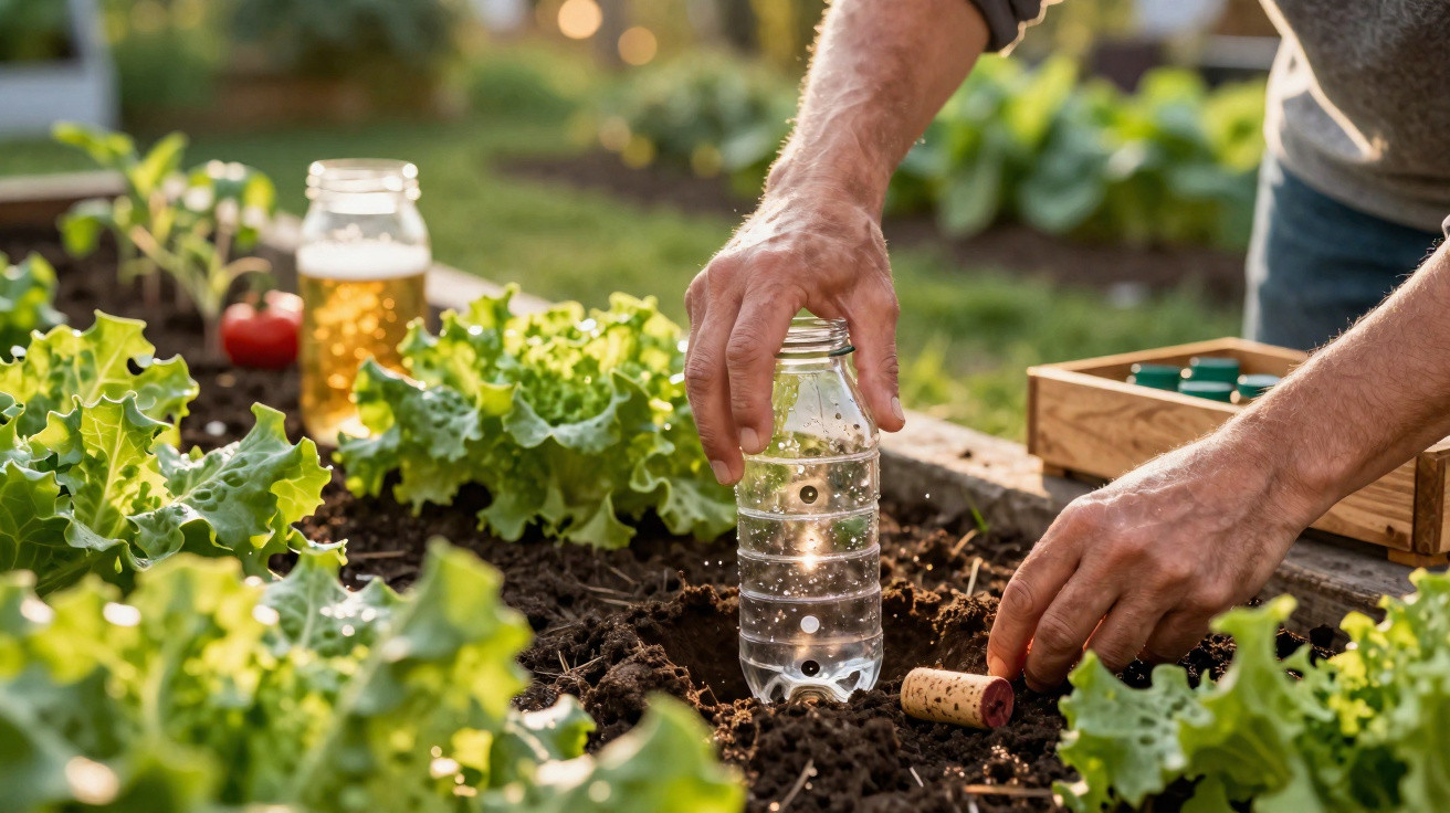 Pessoa regando plantas de alface em canteiro de jardim usando garrafa plástica reutilizada.