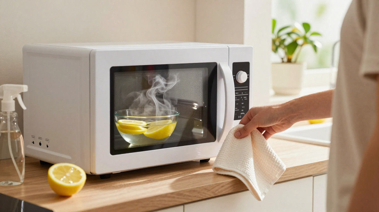 Micro-ondas branco com recipiente de vidro contendo fatias de limão e vapor saindo, mão segurando pano na bancada.