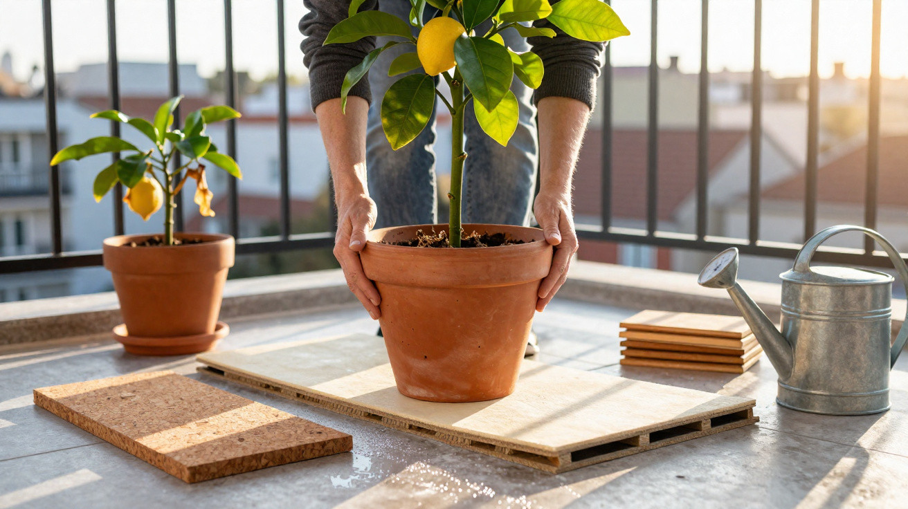 Pessoa cuidando de planta de limão em vaso de cerâmica em varanda ensolarada com regador e termômetro.