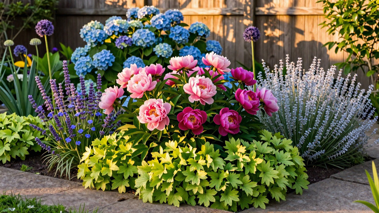 Jardim florido com peônias cor-de-rosa, hortênsias azuis, lavanda e outras flores coloridas ao sol.