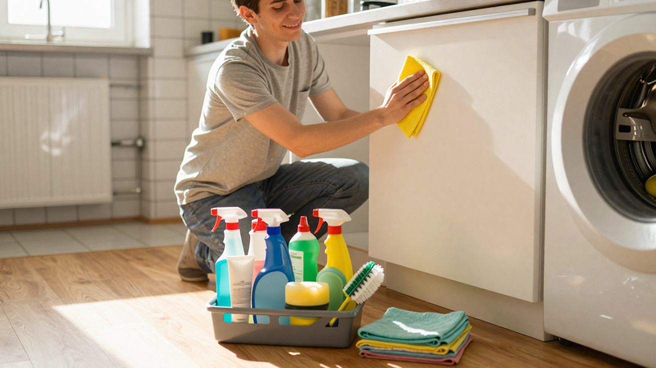 Pessoa jovem limpando armário branco na cozinha com pano amarelo e produtos de limpeza no chão.