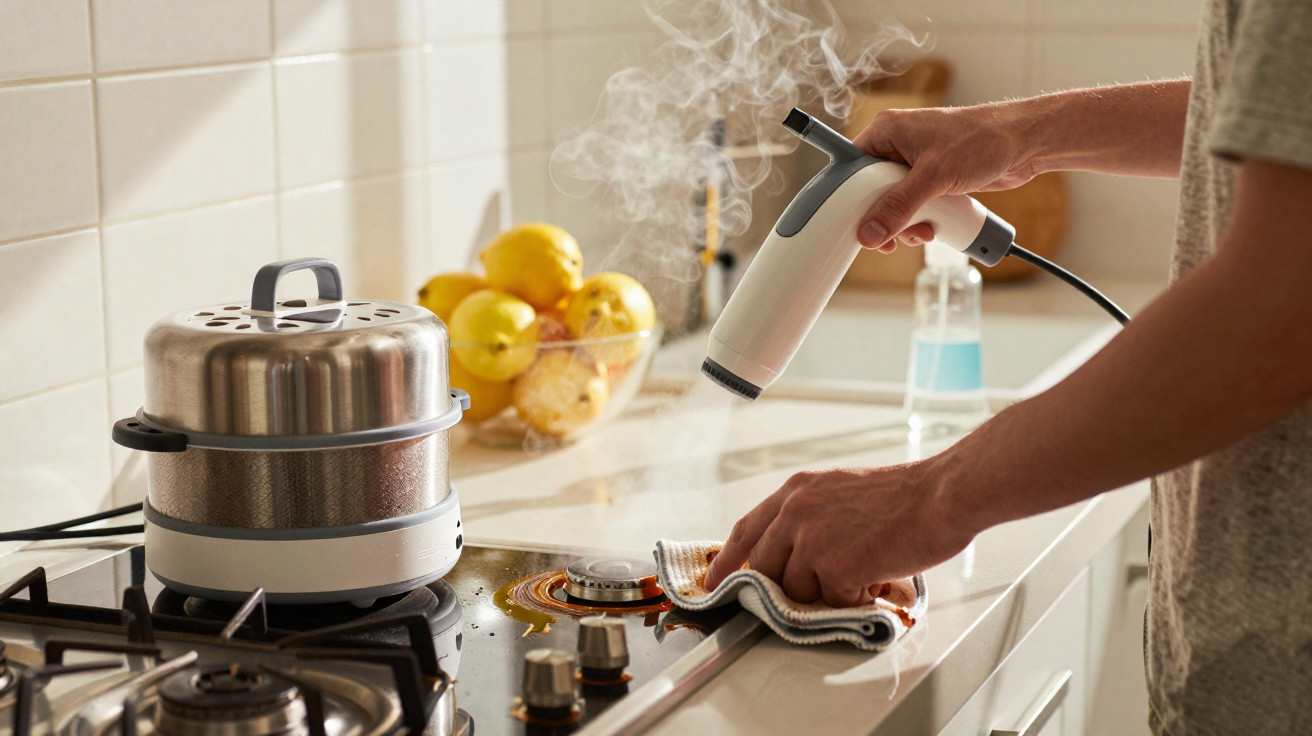 Mãos usando panela elétrica a vapor sobre fogão a gás em cozinha iluminada por janela durante preparo de alimento.