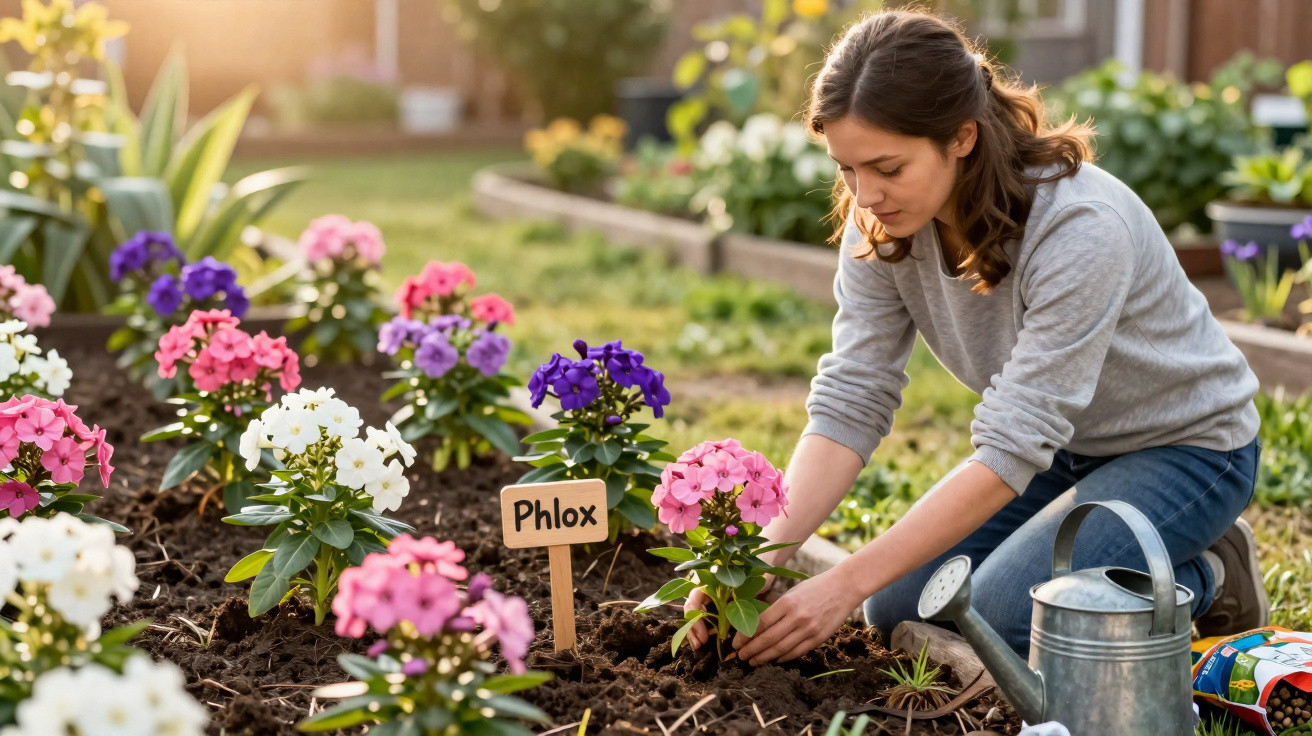 Mulher cuidando de flores coloridas plantadas em canteiro no jardim ao ar livre.