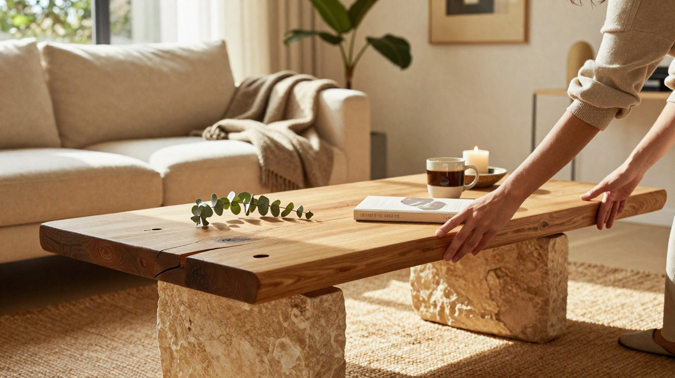 Sala de estar com mesa de centro rústica de madeira e pedra, vela acesa e mãos organizando livro e caneca.