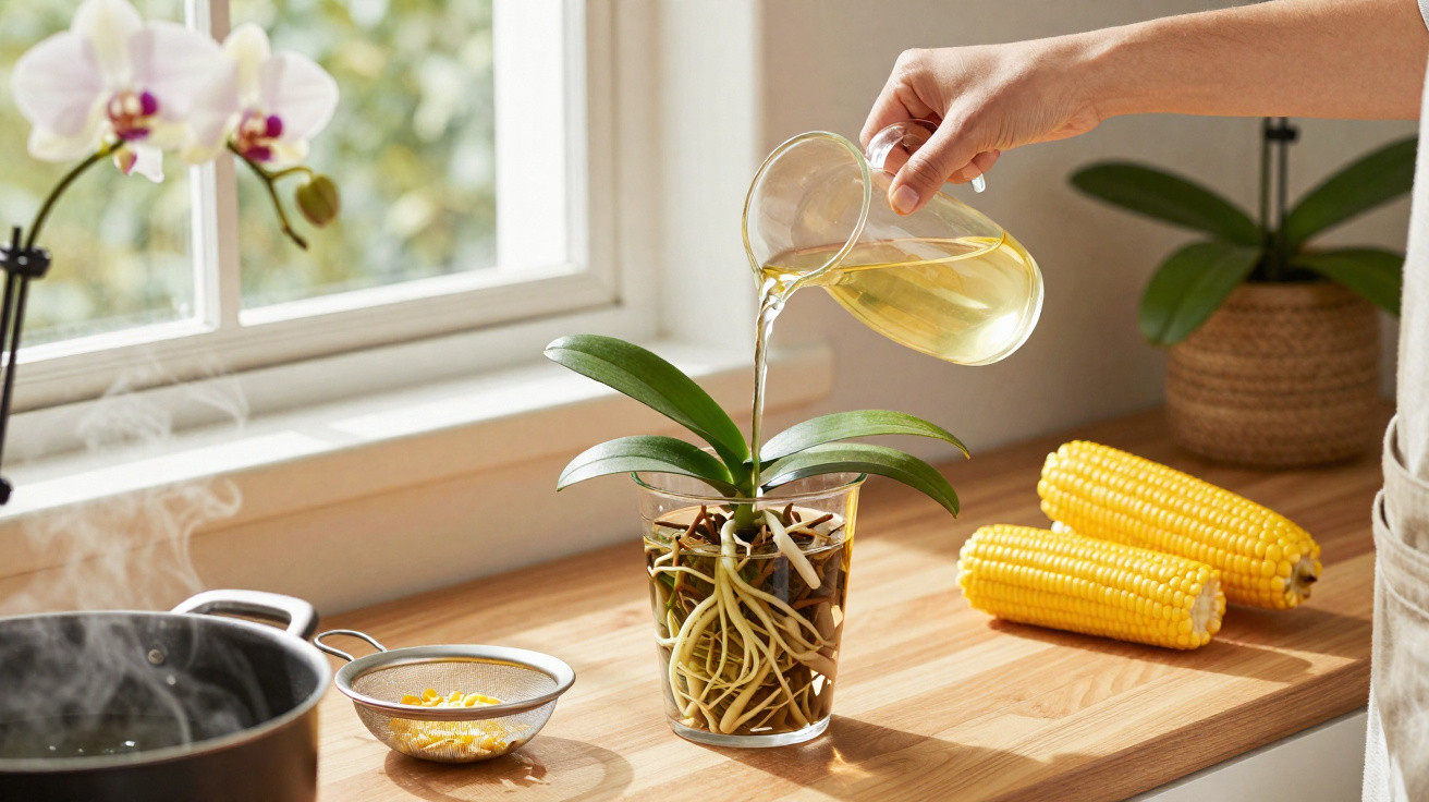 Pessoa regando orquídea em vaso transparente na cozinha com milho e panela ao fundo.