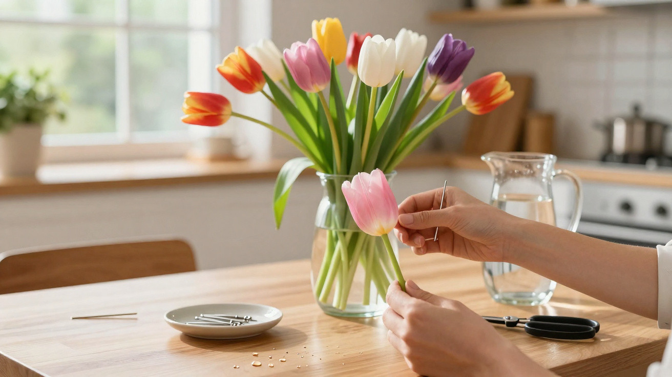 Mãos seguram uma tulipa rosa perto de vaso com outras tulipas coloridas sobre mesa de madeira na cozinha.