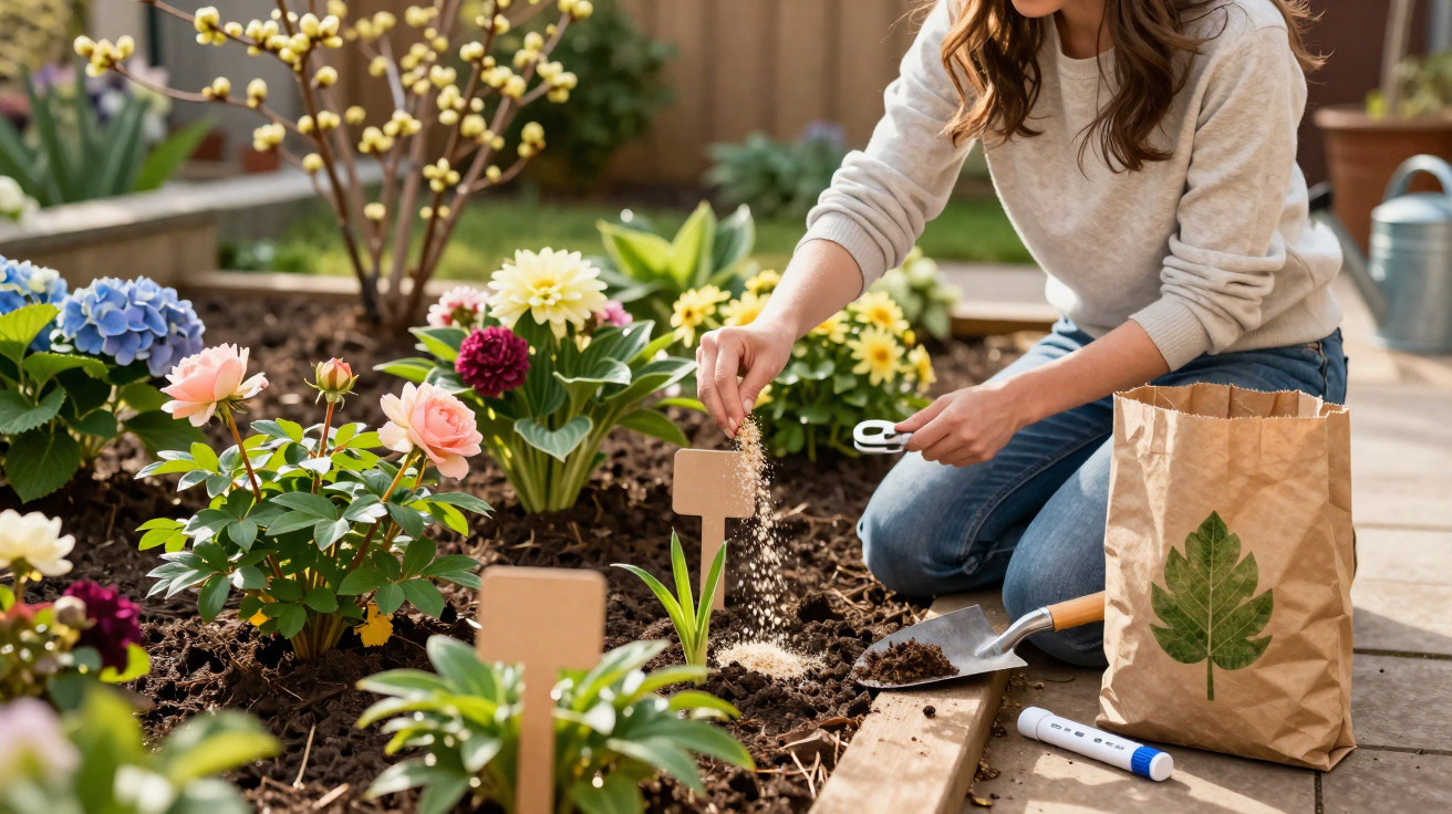 Mulher regando plantas em canteiro florido no jardim com ferramentas e saco de fertilizante.