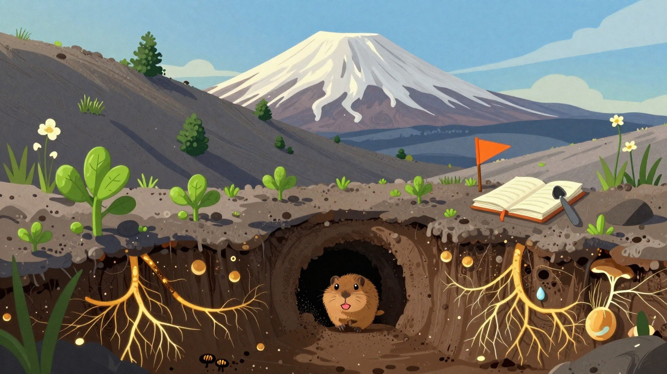 Ilustração de roedor ao lado de toca com micorrizas e plantas, montanha nevada ao fundo.