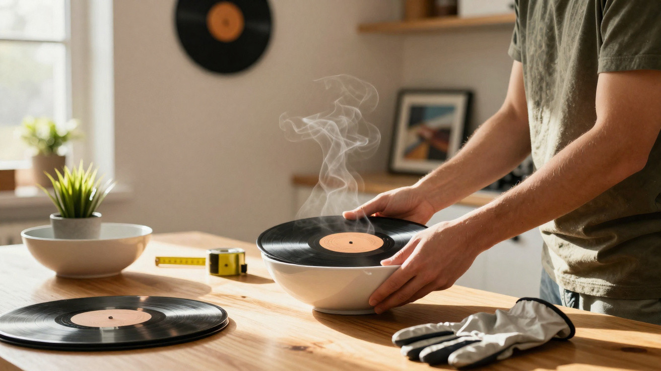 Pessoa segurando disco de vinil fumegante em tigela na cozinha, com outro disco, fita métrica e luvas na bancada.