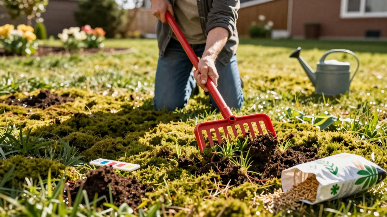 Pessoa usando ancinho vermelho para cuidar de plantas em jardim com saco de adubo e regador ao fundo.