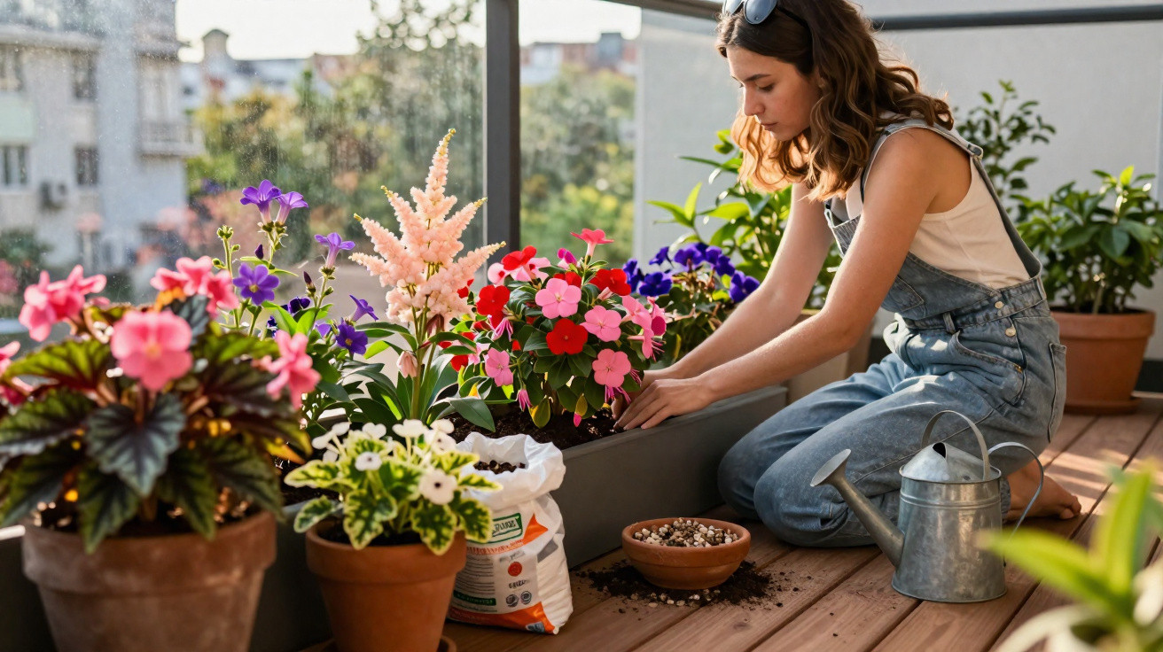 Mulher cuidando de flores em vasos no chão de varanda com regador e terra espalhada.