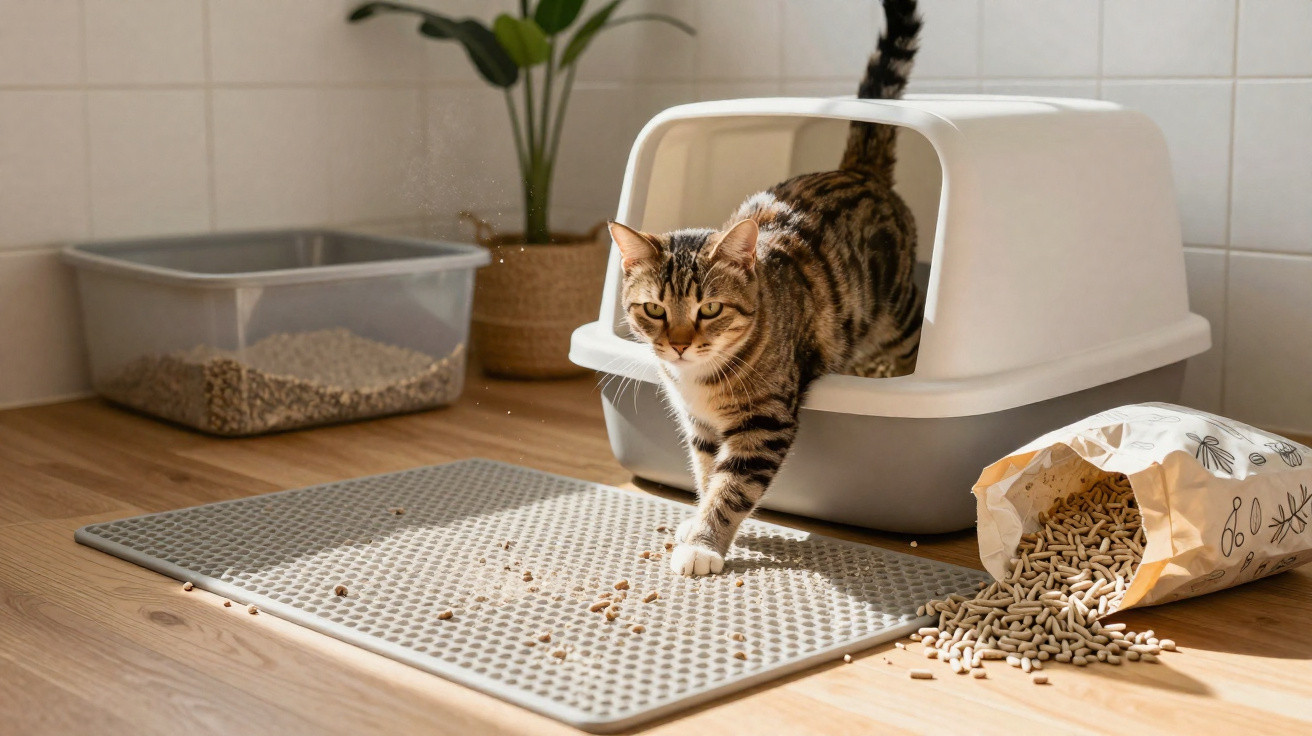 Gato saindo de caixa de areia coberta ao lado de saco de granulados e bandeja com areia em piso de madeira.