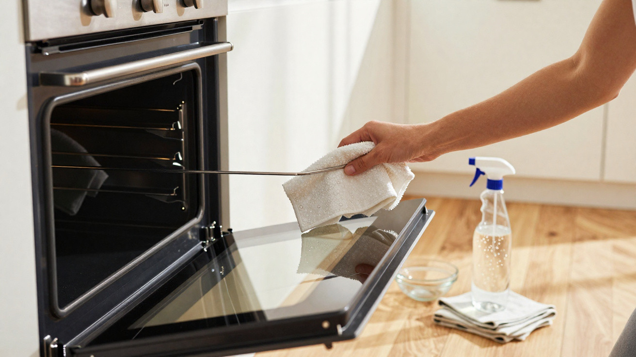 Pessoa limpando o vidro da porta do forno aberto com pano branco na cozinha.