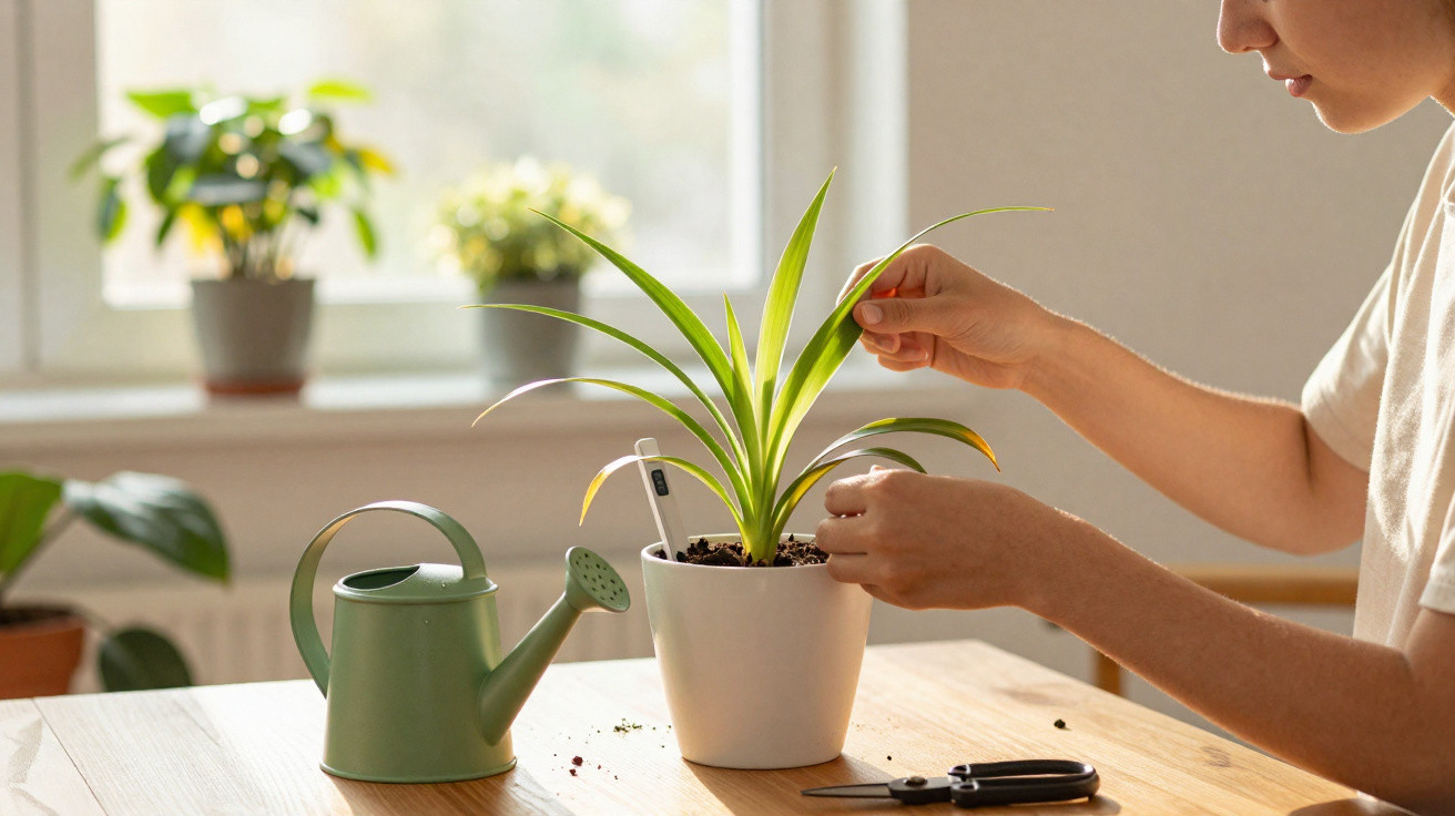 Criança cuidando de planta em vaso branco numa mesa com regador verde e outras plantas ao fundo.