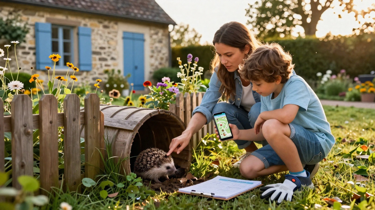 Mulher e criança observam e tocam um ouriço em um jardim com casa e flores ao fundo.