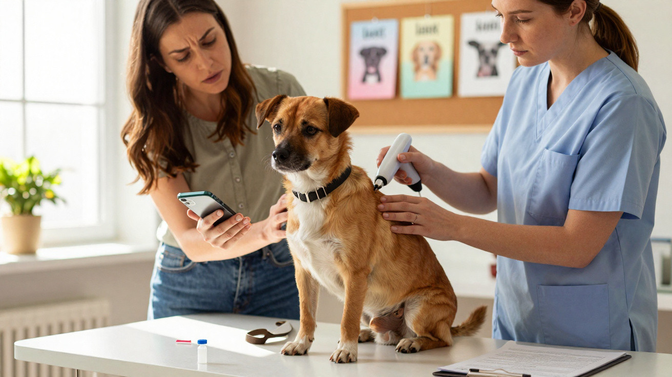 Veterinária usando dermatoscópio para examinar a pele de cachorro marrom em clínica.